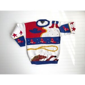 vtg Lumy Peru red white blue cowboy cowgirl horse novelty hand‎ knit sweater